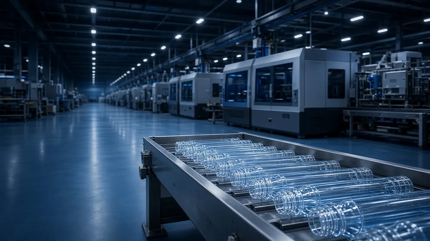 Transparent light-blue PET preforms on a conveyor in front of a row of injection molding machines