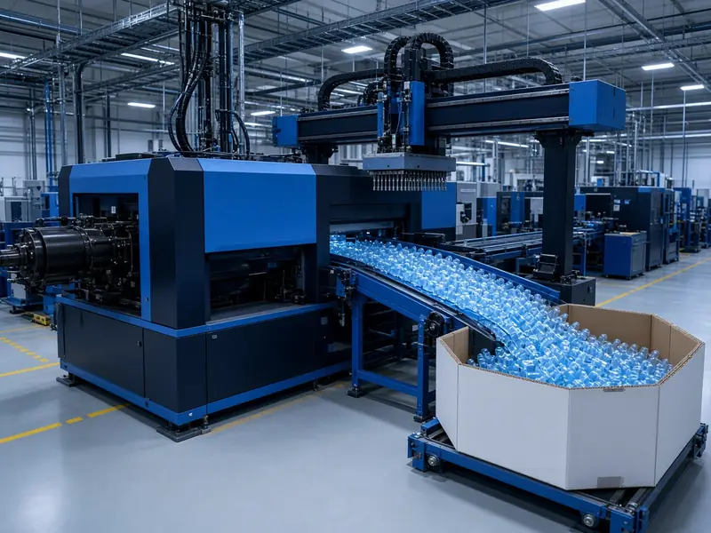 PET preform injection molding line with robotic take-out and conveyor