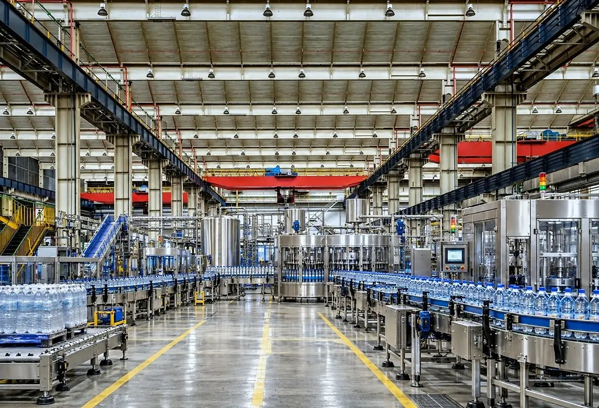 Wide-span production hall with PET water bottling lines, stainless steel fillers and conveyors