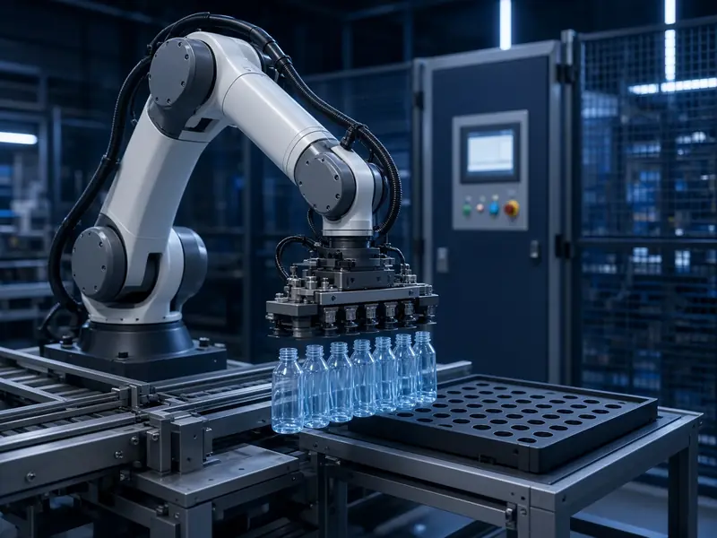 Industrial robot transferring PET preforms in an automation cell